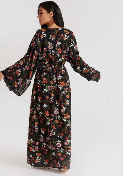 Floral Print Maxi Dress with Flared Sleeves & Lace Detail