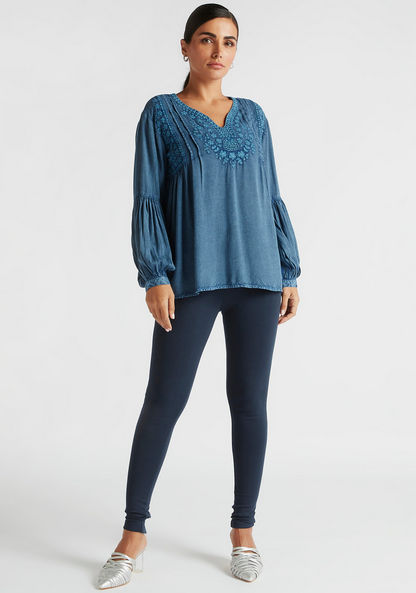 Embroidered V-neck Top with Bishop Sleeves