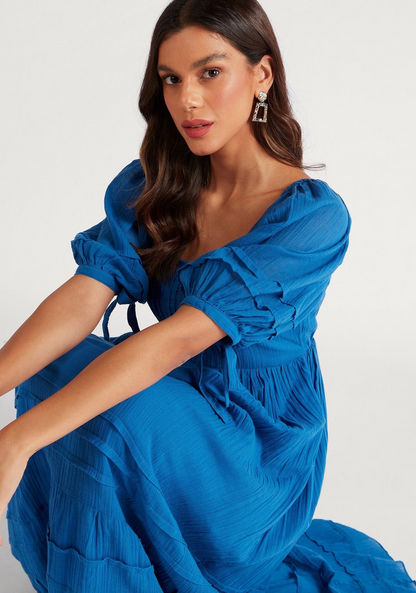 Textured A-line Maxi Dress with Short Puff Sleeves