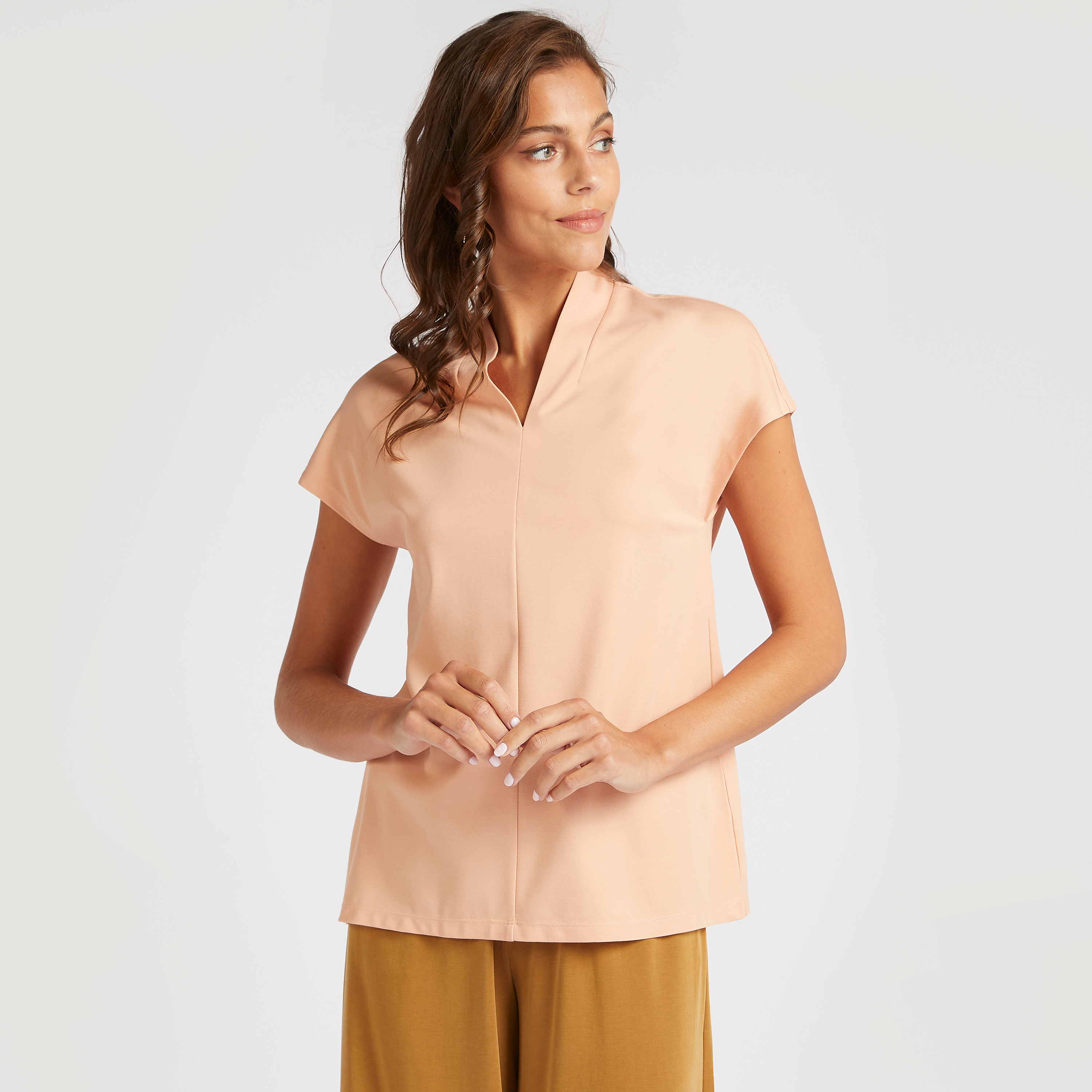 بلوزة سادة بأكمام كاب وياقة v-women-clothing-shirtsandblouses-blouses-image-1