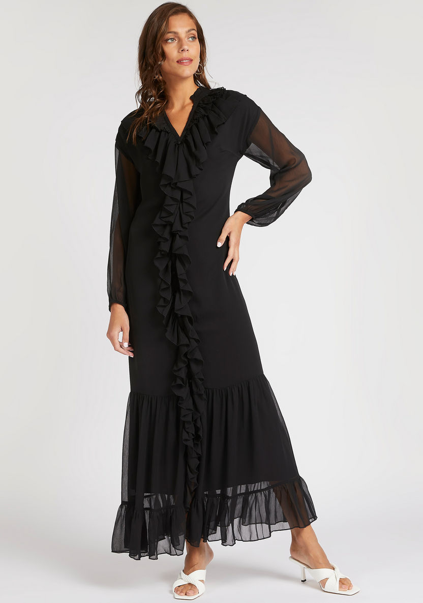 Textured Maxi A-line Dress with Ruffles and Long Sleeves-Dresses-image-0