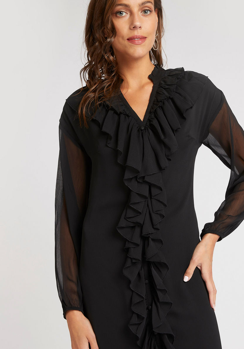 Textured Maxi A-line Dress with Ruffles and Long Sleeves-Dresses-image-2
