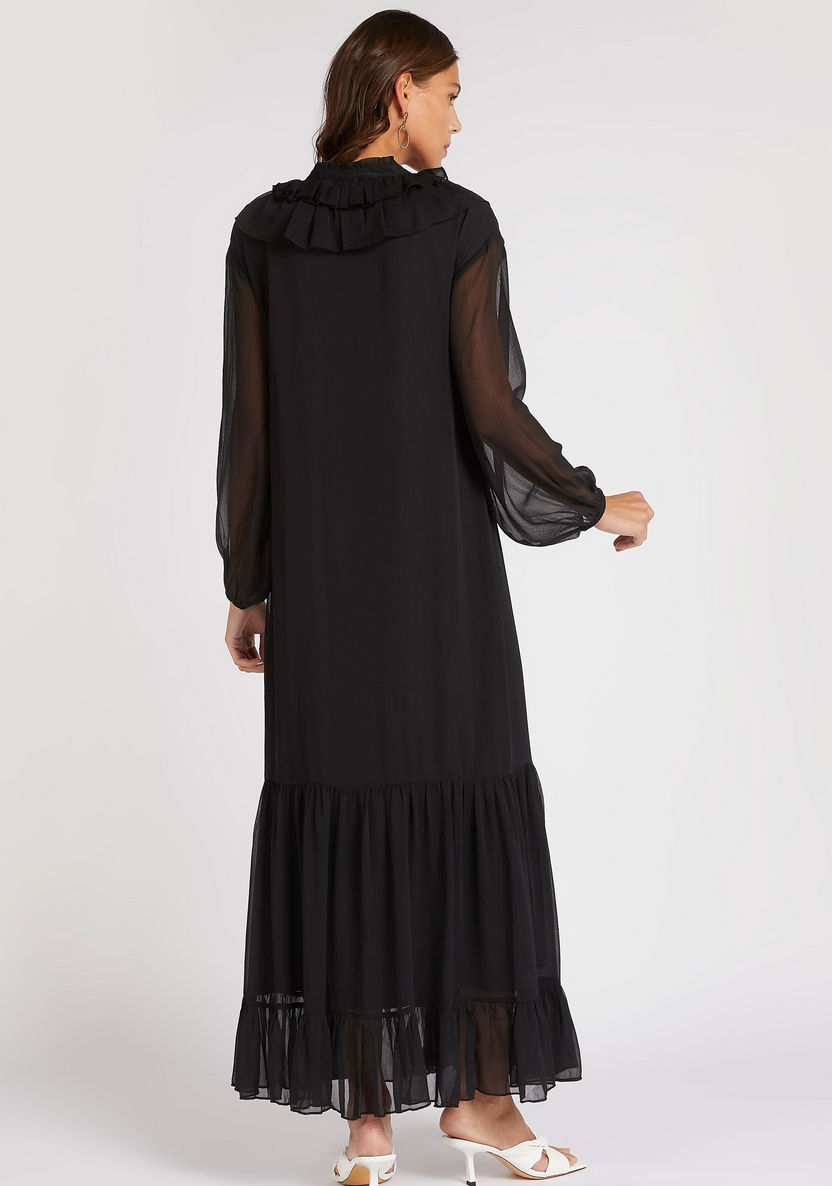 Textured Maxi A-line Dress with Ruffles and Long Sleeves-Dresses-image-3