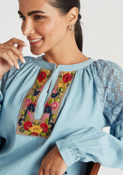 Embroidered Top with Mandarin Collar and Long Sleeves
