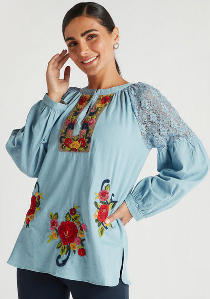 Embroidered Top with Mandarin Collar and Long Sleeves