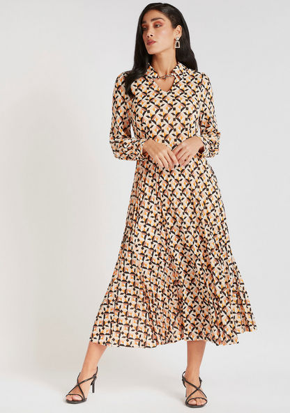 Geometric Print Midi A-line Dress with Mandarin Collar and Long Sleeves