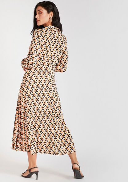 Geometric Print Midi A-line Dress with Mandarin Collar and Long Sleeves