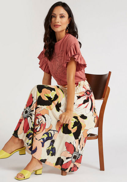 Floral Print Midi A-line Skirt with Pleats and Elasticated Waistband