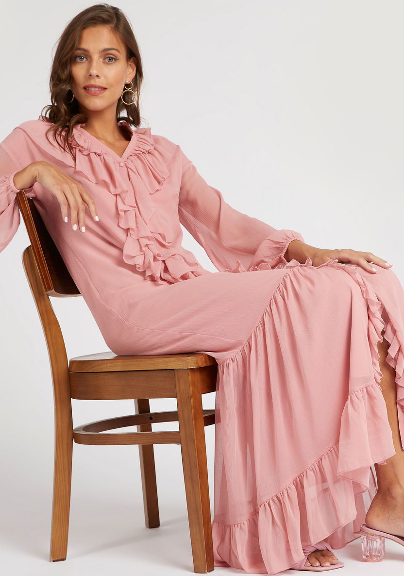 Textured Maxi A-line Dress with Ruffles and Long Sleeves-Dresses-image-0