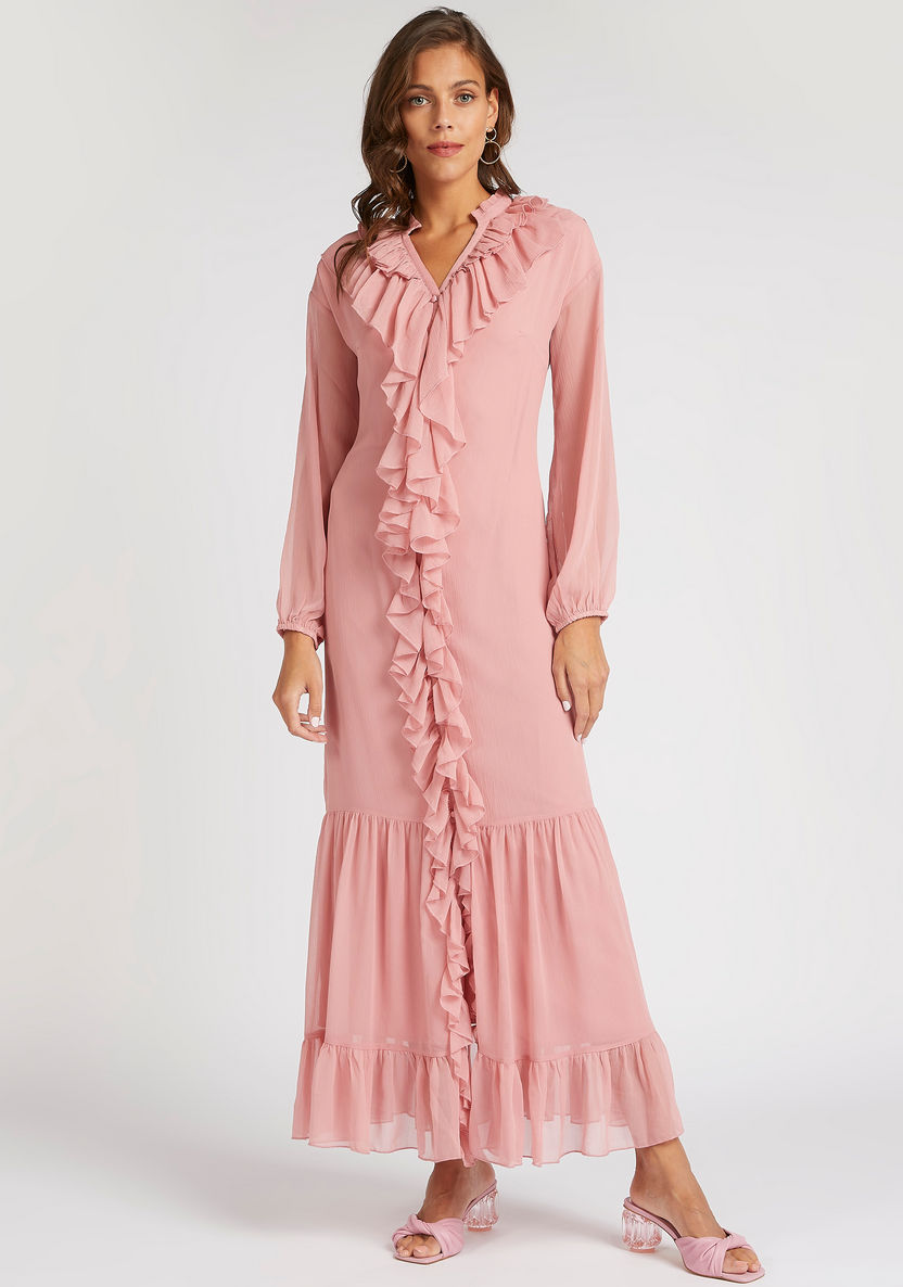Textured Maxi A-line Dress with Ruffles and Long Sleeves-Dresses-image-1