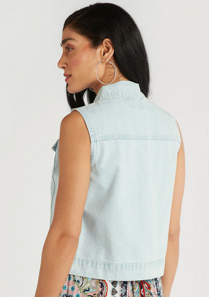 Solid Sleeveless Denim Jacket with Button Closure and Pockets