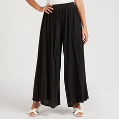 Solid Relaxed Fit Mid-Rise Pleated Palazzo Pants