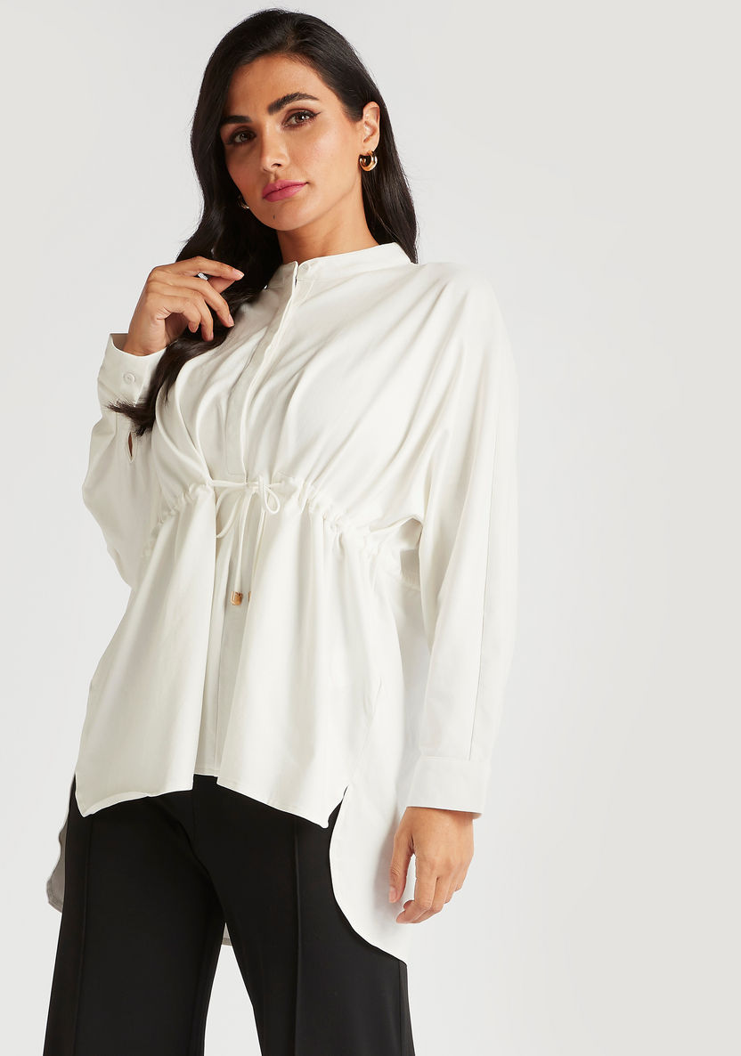 Solid Top with Mandarin Collar and Drawstring Waist-Shirts and Blouses-image-0