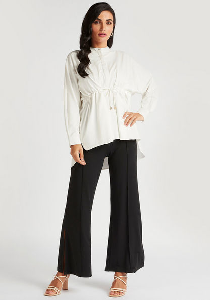 Solid Top with Mandarin Collar and Drawstring Waist-Tops-image-1