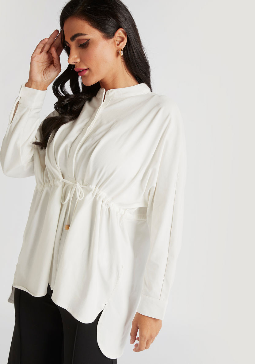 Solid Top with Mandarin Collar and Drawstring Waist-Shirts and Blouses-image-5