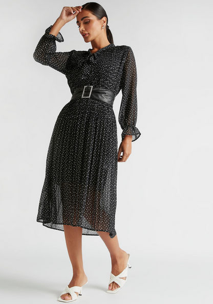 Polka Dot Midi A-line Dress with Tie Neck and Pintuck Detail