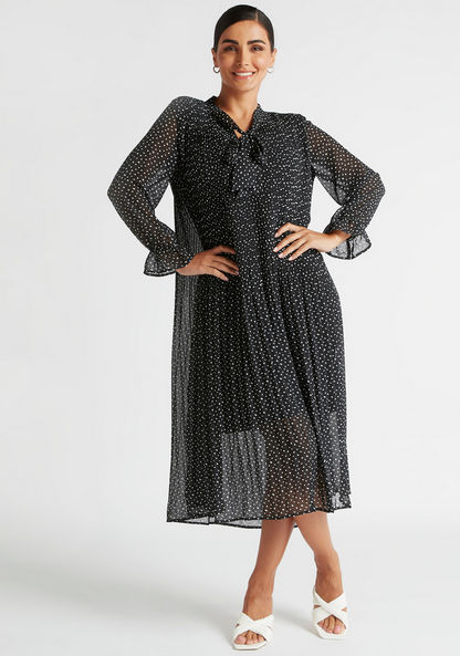 Polka Dot Midi A-line Dress with Tie Neck and Pintuck Detail