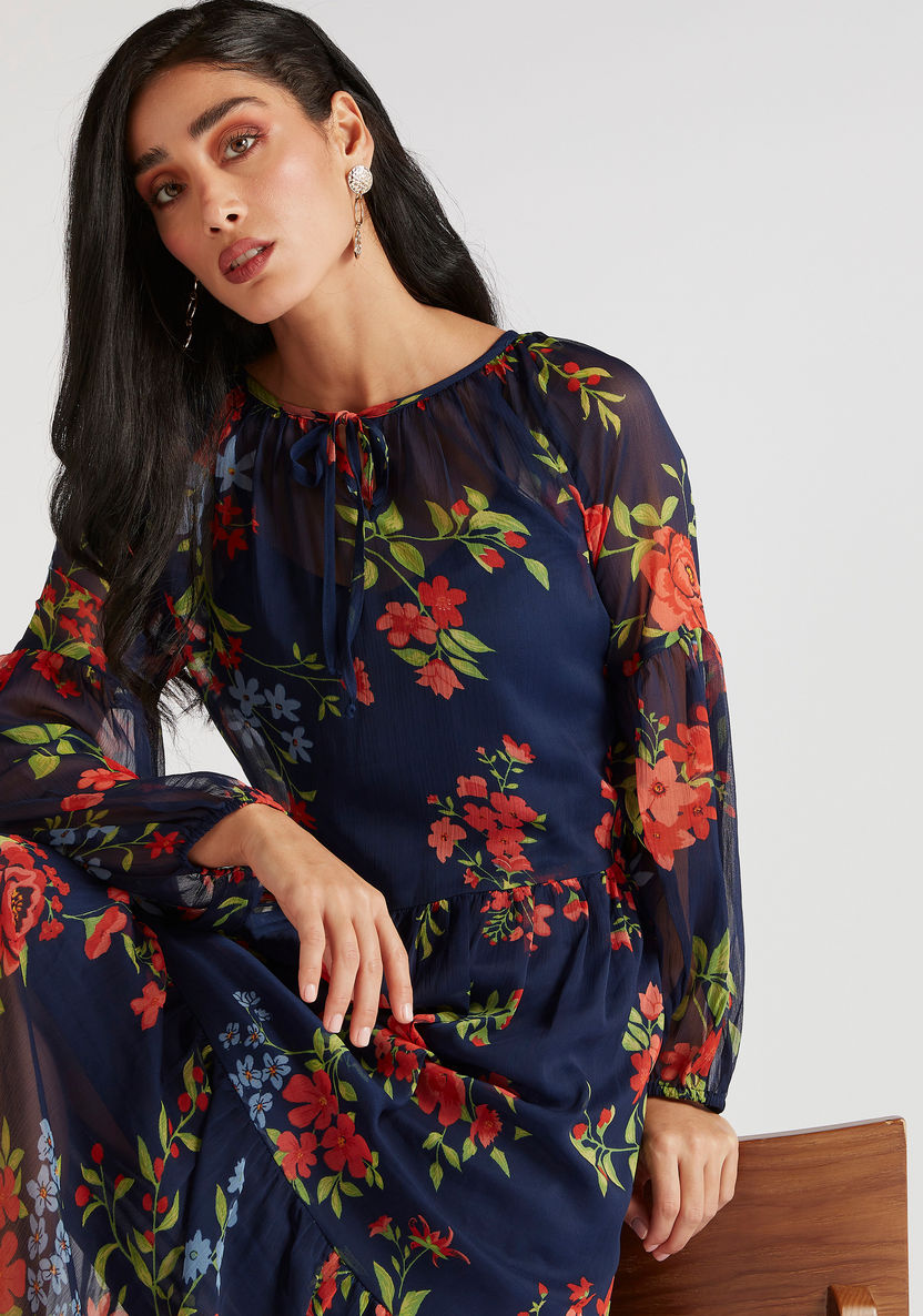 Floral Print A-line Maxi Dress with Tie-Up Neck and Long Sleeves-Dresses-image-0