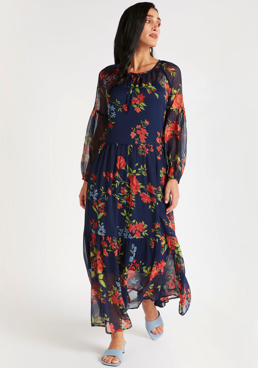 Floral Print A-line Maxi Dress with Tie-Up Neck and Long Sleeves-Dresses-image-1
