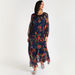 Floral Print A-line Maxi Dress with Tie-Up Neck and Long Sleeves-Dresses-thumbnail-1