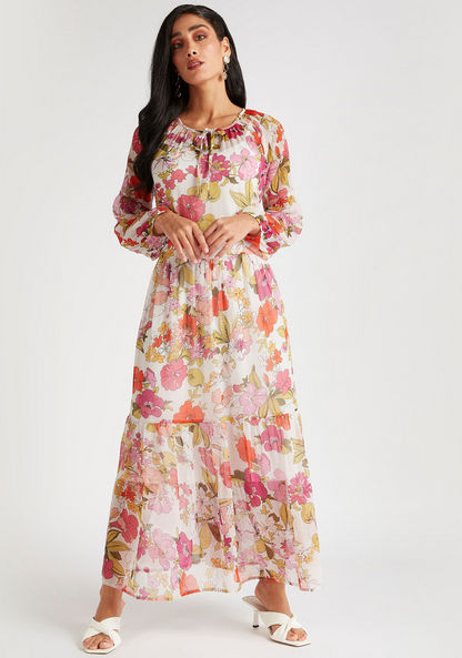 Floral Print A-line Maxi Dress with Tie-Up Neck and Long Sleeves