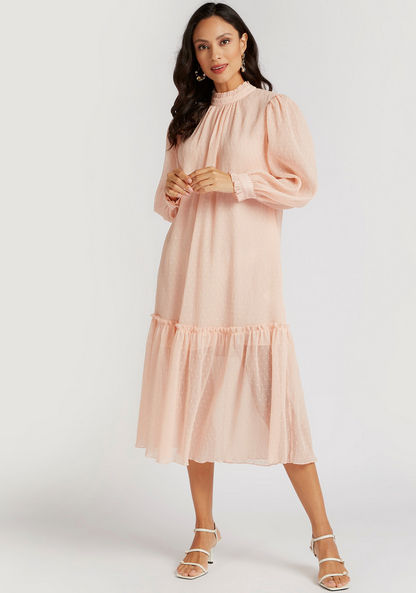 Textured Midi A-line Dress with High Neck and Ruffle Detail
