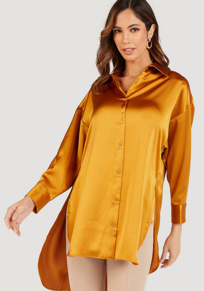 Solid High Low Tunic with Long Sleeves-Shirts & Blouses-image-5