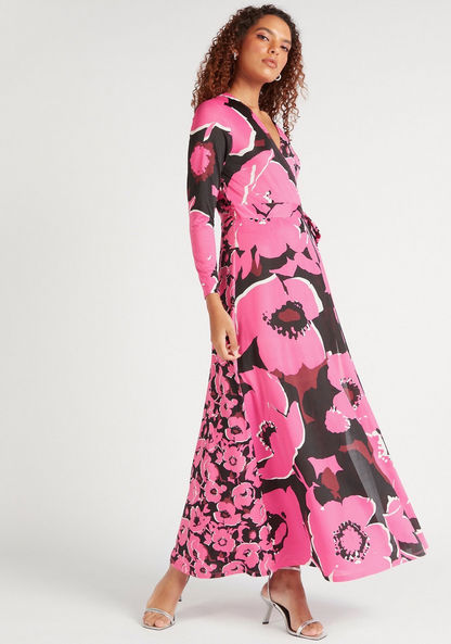 Floral Print V-neck A-line Wrap Dress with Long Sleeves