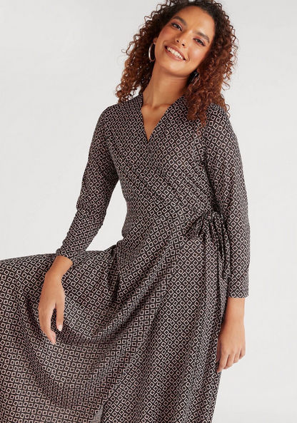 Printed V-neck Wrap Maxi Dress with Long Sleeves