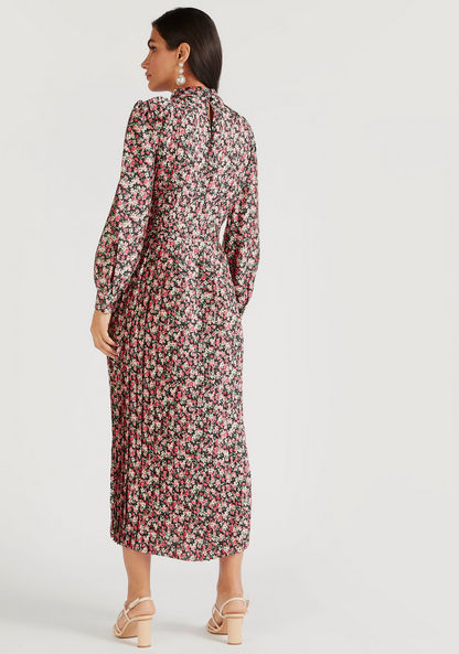 Floral Print A-line Midi Dress with Tie-Up Belt and Long Sleeves