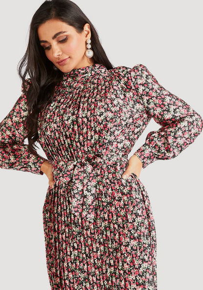 Floral Print A-line Midi Dress with Tie-Up Belt and Long Sleeves