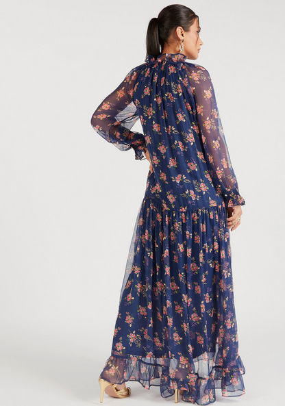 Floral Print Maxi A-line Dress with Neck Tie-Ups and Ruffles