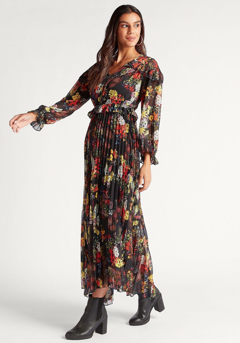 Floral Printed V-neck Pleated Maxi Dress with Long Sleeves-Dresses-image-0