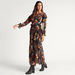 Floral Printed V-neck Pleated Maxi Dress with Long Sleeves-Dresses-thumbnail-0