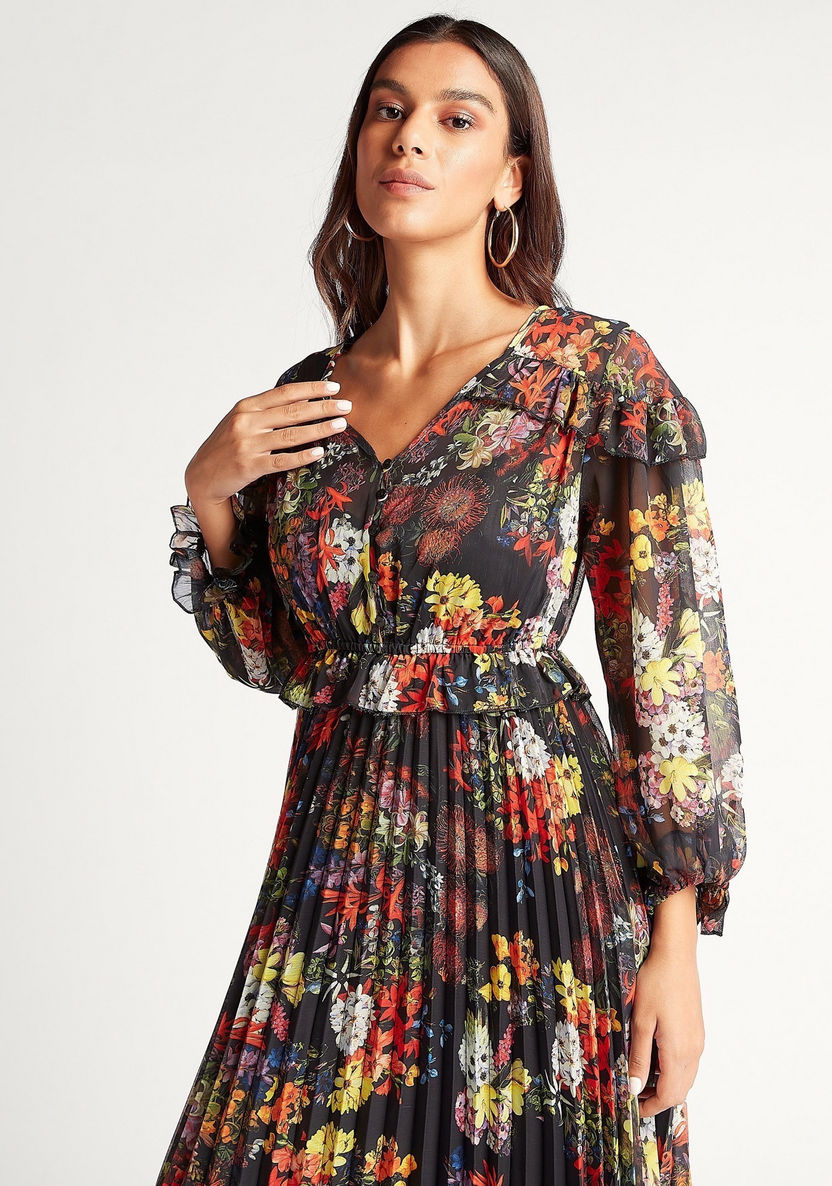 Floral Printed V-neck Pleated Maxi Dress with Long Sleeves-Dresses-image-1