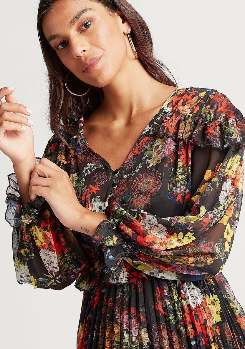Floral Printed V-neck Pleated Maxi Dress with Long Sleeves-Dresses-image-2