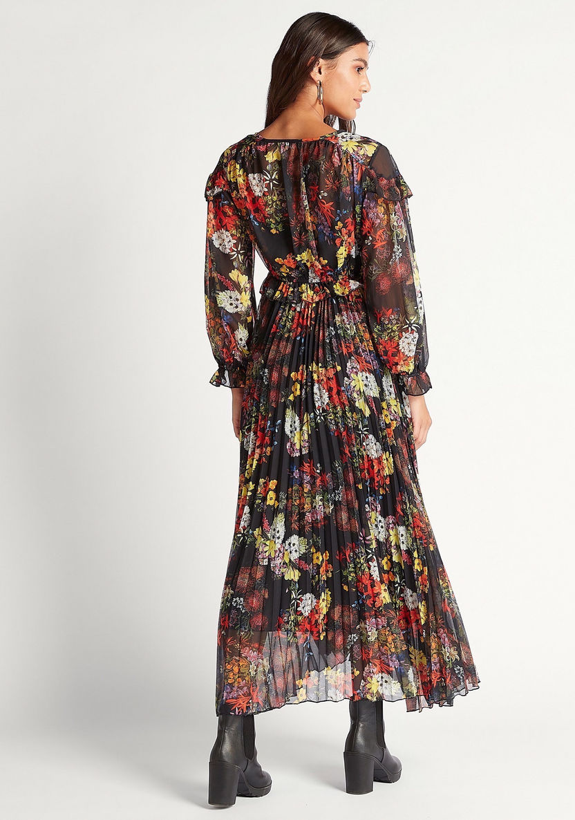 Floral Printed V-neck Pleated Maxi Dress with Long Sleeves-Dresses-image-3