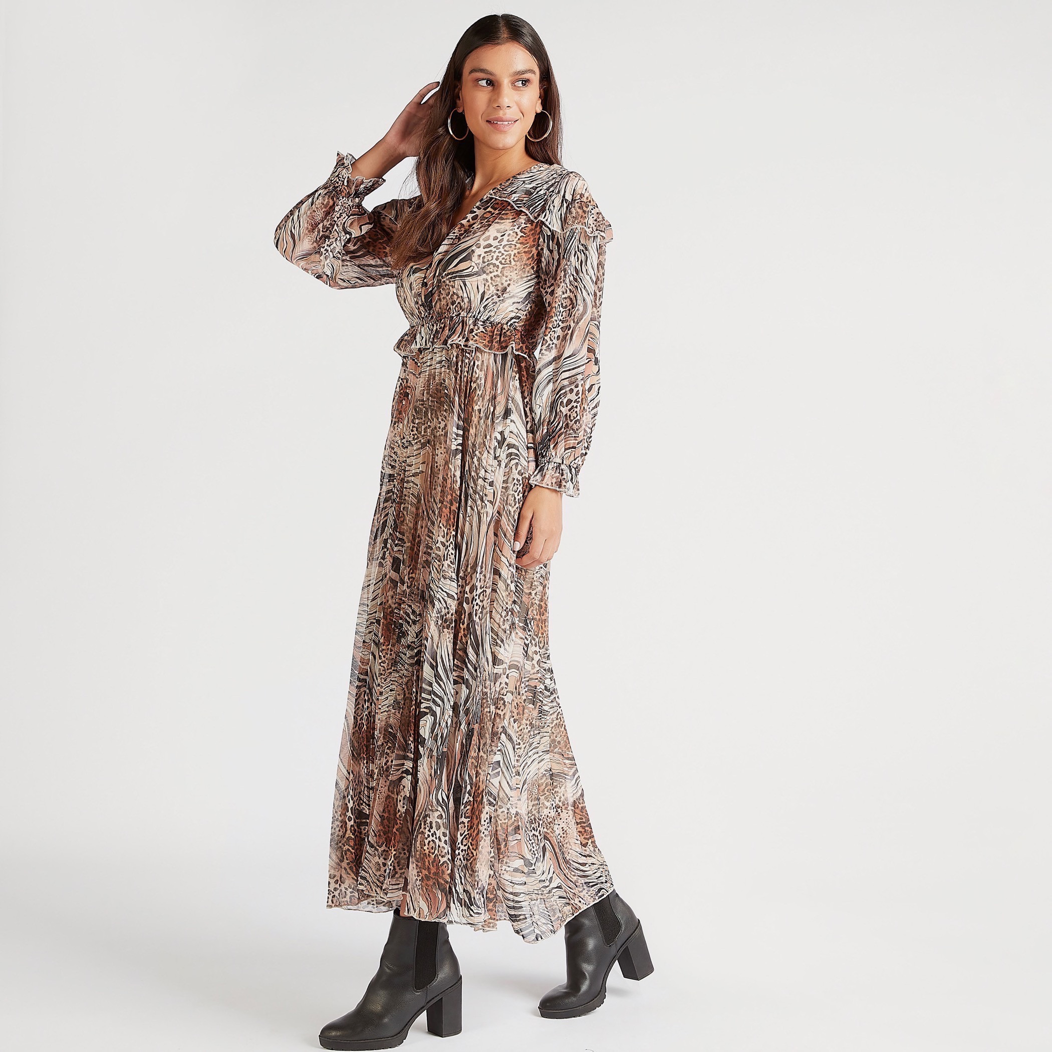 Animal Print V neck Maxi Dress with Long Sleeves