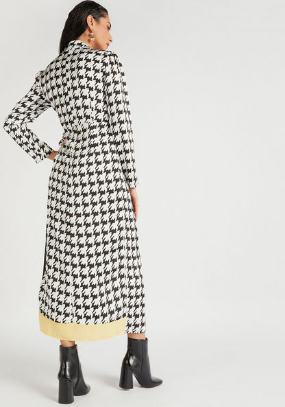 Houndstooth Checked Maxi Wrap Dress with Long Sleeves