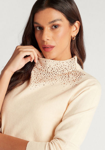 Embellished High Neck T-shirt with Long Sleeves