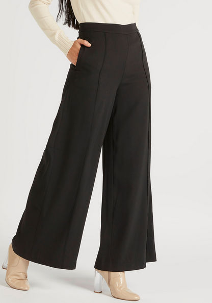 Solid Mid-Rise Palazzo Pants with Zip Closure-Pants-image-0