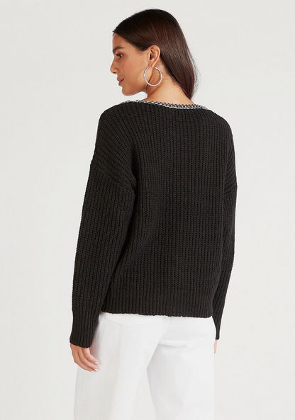 Textured Sweater with Long Sleeves and Chain Accent