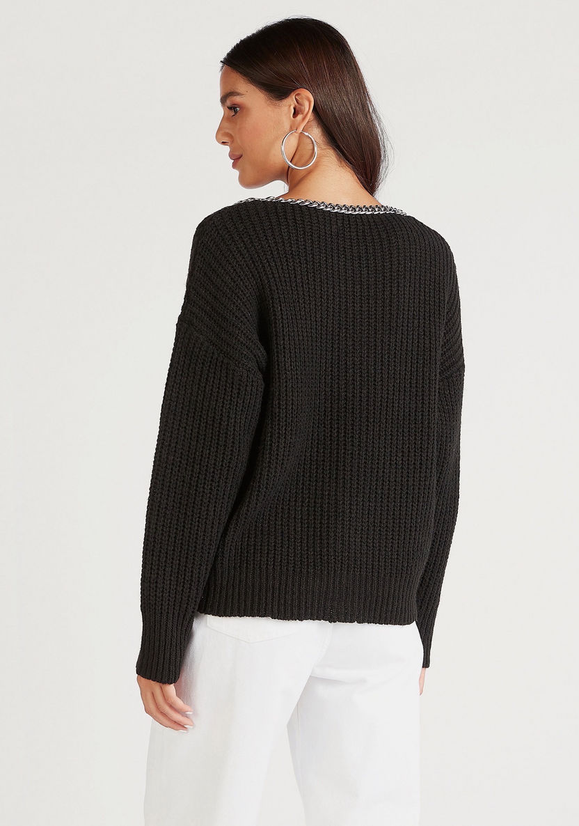 Textured Sweater with Long Sleeves and Chain Accent-Sweaters-image-3