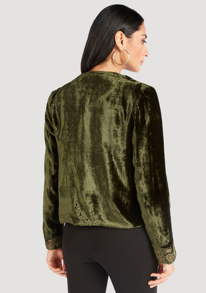 Textured Open Front Jacket with Long Sleeves and Embellished Detail