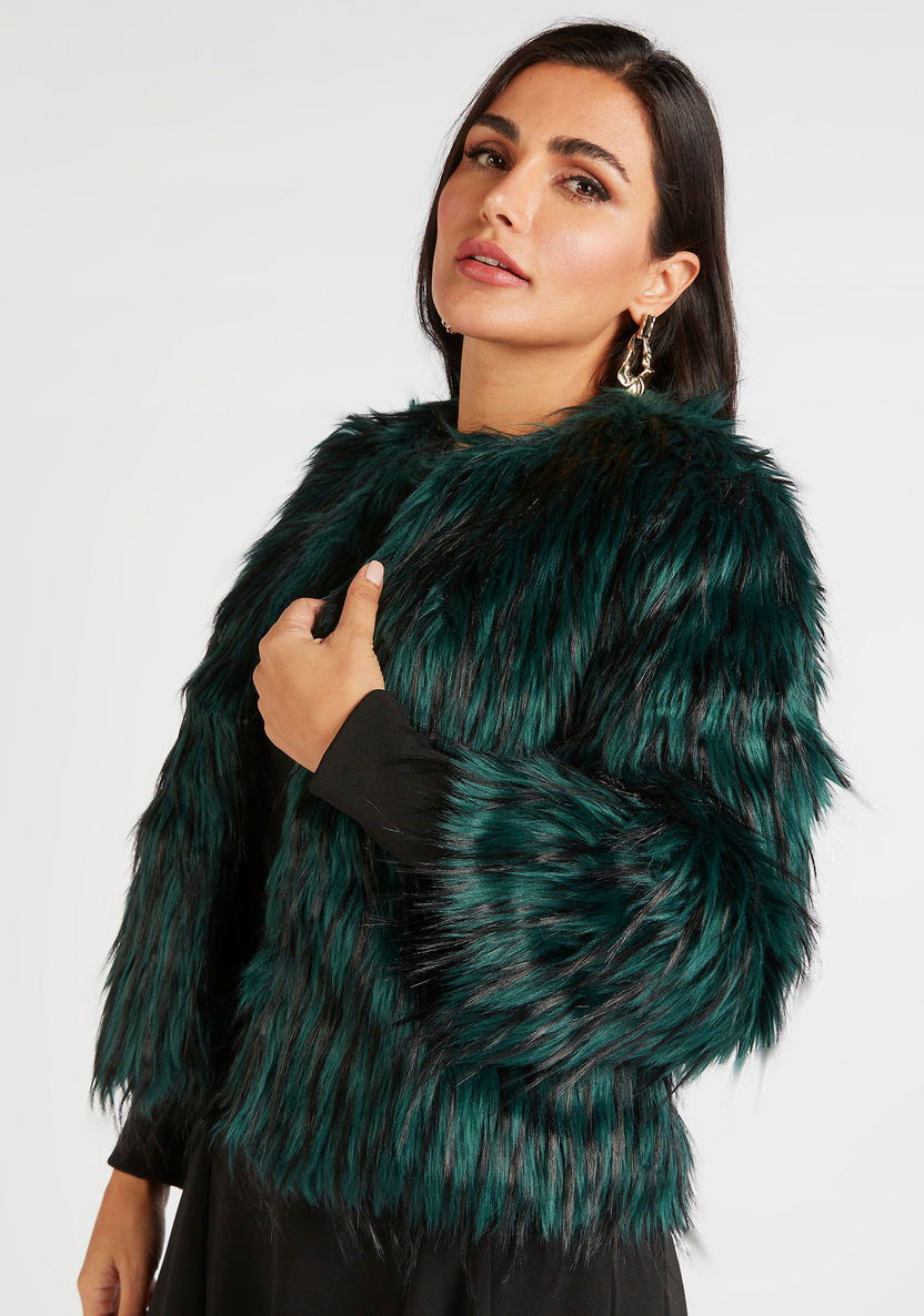 Buy Textured Faux Fur Jacket with Long Sleeves