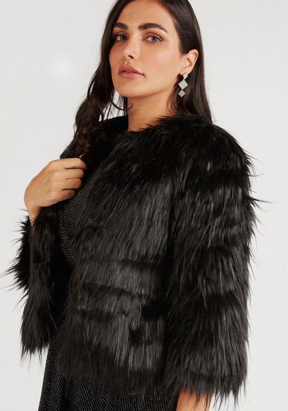 Textured Faux Fur Jacket with Long Sleeves