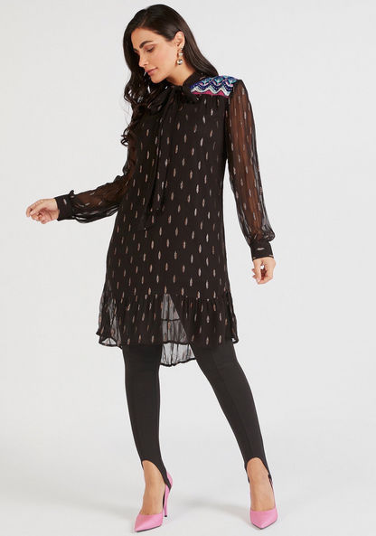 Printed Tunic with Tie Neck and Long Sleeves