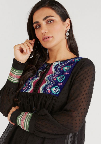 Embroidered Top with Tie Neck and Long Sleeves