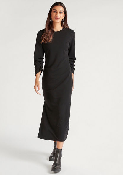 Solid Midi Shift Dress with Long Sleeves and Side Slit