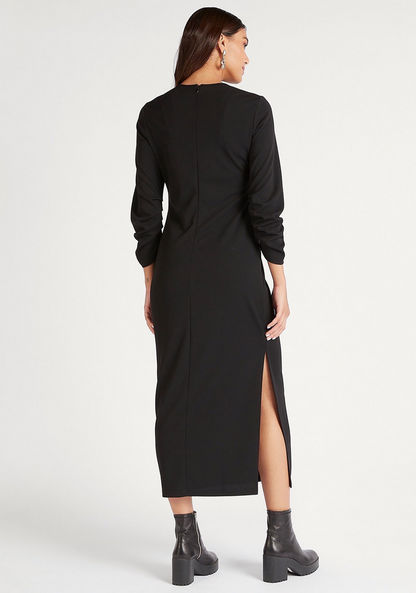 Solid Midi Shift Dress with Long Sleeves and Side Slit